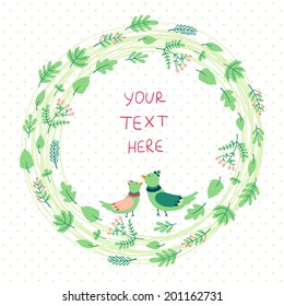Vector background with floral wreath and cute birds. Natural background with leaves, branches, berries and cartoon characters.