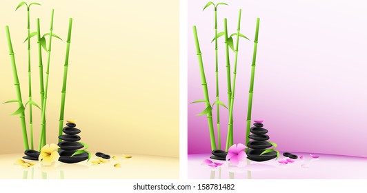 Vector background with flower, bamboo and stone pyramid. Theme spa salon/Spa background: stones, flower, bamboo 