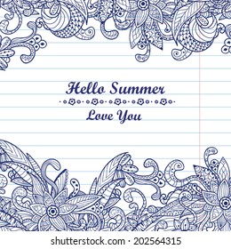 Vector background with flowers. Abstract illustration in pen hand draw. Sketchy Notebook Doodles. Hand-Drawn Vector Illustration. Abstract seamless abstract flowers pattern. Endless background. 