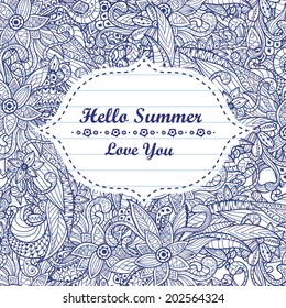 Vector background with flowers. Abstract illustration in pen hand draw. Sketchy Notebook Doodles. Hand-Drawn Vector Illustration. Abstract seamless abstract flowers pattern. Endless background. 