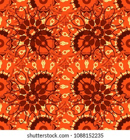 Vector background with flowers. Abstract seamless bright background from picturesque stylized orange, red and yellow flowers. Lovely seamless pattern. Fabric for summer tropical holiday.