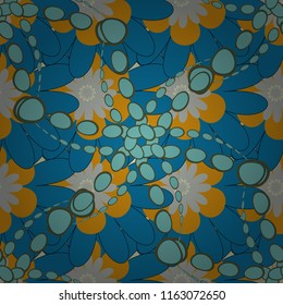 Vector background with flowers. Abstract seamless bright background from picturesque stylized gray, blue and yellow flowers. Fabric for summer tropical holiday. Lovely seamless pattern.
