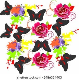 vector background of flowers and butterflies line art