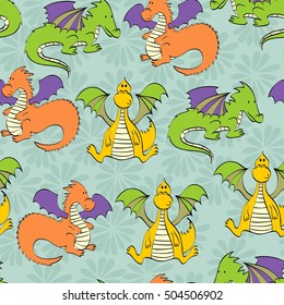 Vector background with flowers and cartoon dragons. Seamless pattern can be used for wallpapers, pattern fills, web page backgrounds,surface textures