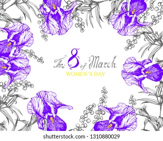 vector background flowers composition frame with irises, lilies and mimosa