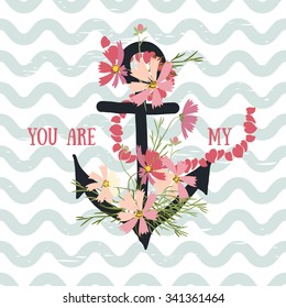 Vector background with flowers Cosmos and anchor 