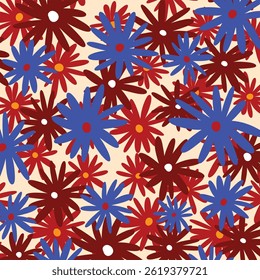 Vector background with flowers of different sizes in red and blue colors