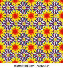 Vector background with flowers. Fabric for summer tropical holiday. Abstract seamless bright background from picturesque stylized magenta, blue and yellow flowers. Lovely seamless pattern.