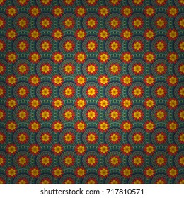 Vector background with flowers. Fabric for summer tropical holiday. Abstract seamless bright background from picturesque stylized blue, red and yellow flowers. Lovely seamless pattern.