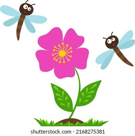 Vector background with flowers and flies. Cute children's illustration.