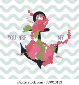 Vector background with flowers hibiscus and anchor 