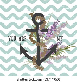 Vector background with flowers Lavender and anchor 