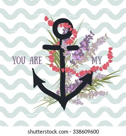 Vector background with flowers Lavender and anchor 