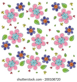 Vector background with flowers, leaves, butterfly.