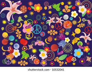 Vector background with flowers, leaves and different shapes