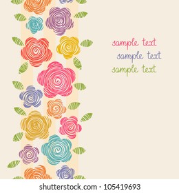 Vector background with flowers and leaves of doodles. Seamless pattern in hand drawn childish style. Abstract simple ornamental colorful illustration. Greeting floral card for holiday with text box.