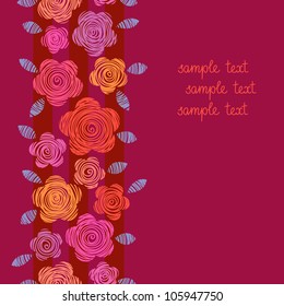 Vector background with flowers and leaves of doodles. Floral seamless pattern in hand drawn childish style. Abstract ornamental dark red illustration. Greeting and invitation card with text box.