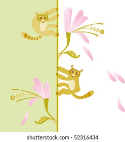 vector, background, flowers, leaves, lemurs, petals, stamens