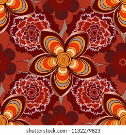Vector background with flowers. Lovely seamless pattern. Abstract seamless bright background from picturesque stylized orange, brown and red flowers. Fabric for summer tropical holiday.