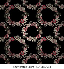 Vector background with flowers. Lovely seamless pattern. Fabric for summer tropical holiday. Abstract seamless bright background from picturesque stylized pink, black and beige flowers.