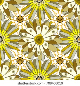 Vector background with flowers. Lovely seamless pattern. Fabric for summer tropical holiday. Abstract seamless bright background from picturesque stylized yellow and brown flowers.