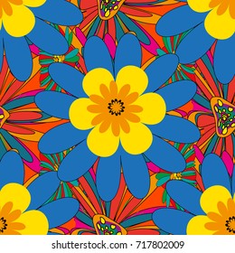 Vector background with flowers. Lovely seamless pattern. Fabric for summer tropical holiday. Abstract seamless bright background from picturesque stylized blue, yellow and red flowers.