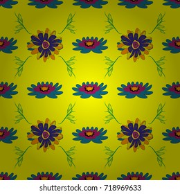 Vector background with flowers. Lovely seamless pattern. Fabric for summer tropical holiday. Abstract seamless bright background from picturesque stylized yellow, blue and purple flowers.