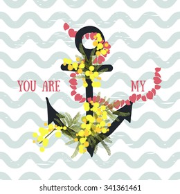 Vector background with flowers mimosa and anchor 