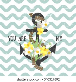 Vector background with flowers Narcissus and anchor 