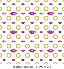 Vektorgrafik Hintergrund mit Blumen und orangefarbenen Kreisen. Wiederholt nahtlose Muster. Blume, Kreis, bunt, Blütenblätter, Jahreszeit, Mode, Stoff, Kleidung, Textil