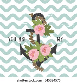 Vector background with flowers Peony and anchor 