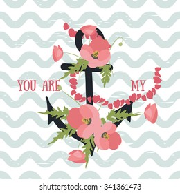 Vector background with flowers Poppy and anchor 