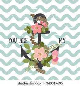 Vector background with flowers Rosehip  and anchor 
