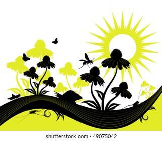 vector background with flowers, snail and insects