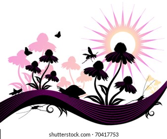 vector background with flowers, snail and insects