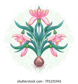Vector background with flowers of snowdrop. Plant ornament on backdrop.