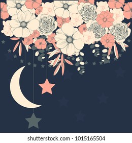 Vector background with flowers and stars. Wedding invitation, greeting card.