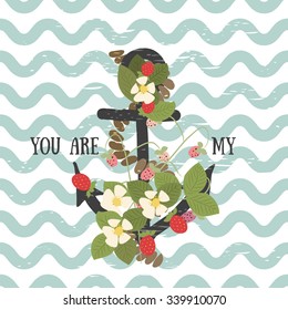 Vector background with flowers Strawberry and anchor 