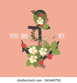 Vector background with flowers Strawberry and anchor 