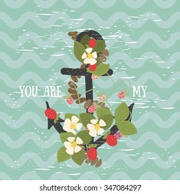 Vector background with flowers Strawberry and anchor 
