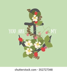 Vector background with flowers Strawberry and anchor 