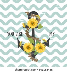 Vector background with flowers sunflower  and anchor 