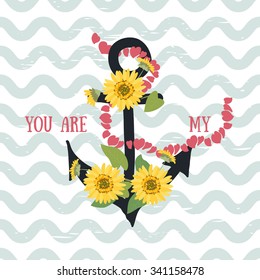 Vector background with flowers sunflower  and anchor 