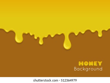 Vector background with flowing down honey. Illustration of gold sticky liquid drip and flow. Splash of sweet yellow orange syrup, caramel, paint or oil. Abstract seamless pattern.