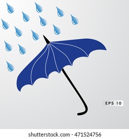 Vector background with flying blue umbrella and raindrops.