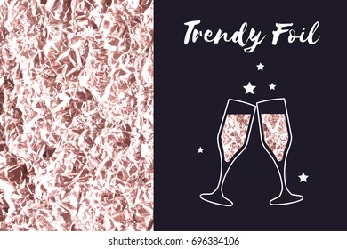 Vector background of foil texture and icon glasses of champagne. Rose gold and copper or bronze color. Sparkle wrinkled texture. Bronze metallic.