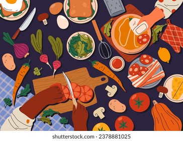 Fondo vectorial de la cocina de comida vista superior. Cartel o afiche del menú del restaurante con plato de cocina. El chef cocina en la cocina con ingredientes para la comida. Cocina y recetas, utensilios de cocina y gourmet