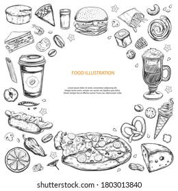 Fondo vectorial de los ingredientes alimentarios. Esbozos dibujados a mano. Objetos aislados