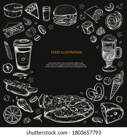 Vector background of food ingredients. Hand drawn sketches. Isolated objects