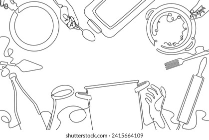 Vector Background with Food and Utensils. One line art Style. Frame on cooking theme. Can be also yused like Banner, Flyer, graphic Border.